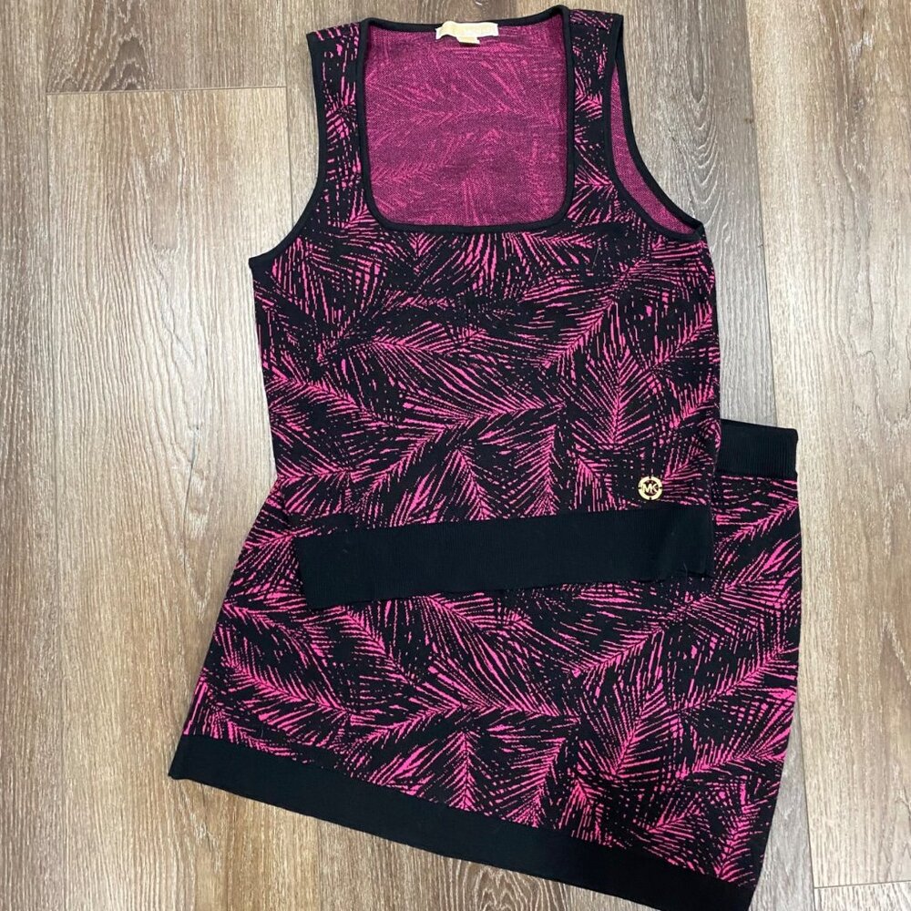 Michael Kors Pink Black Palm Print Knit Tank & Skirt Set Size Large